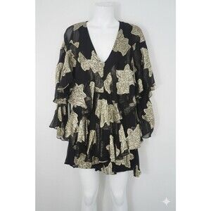 Topshop Size 4 Black &Gold Metallic Floral Ruffle V-Neck Whimsigoth Party Dress